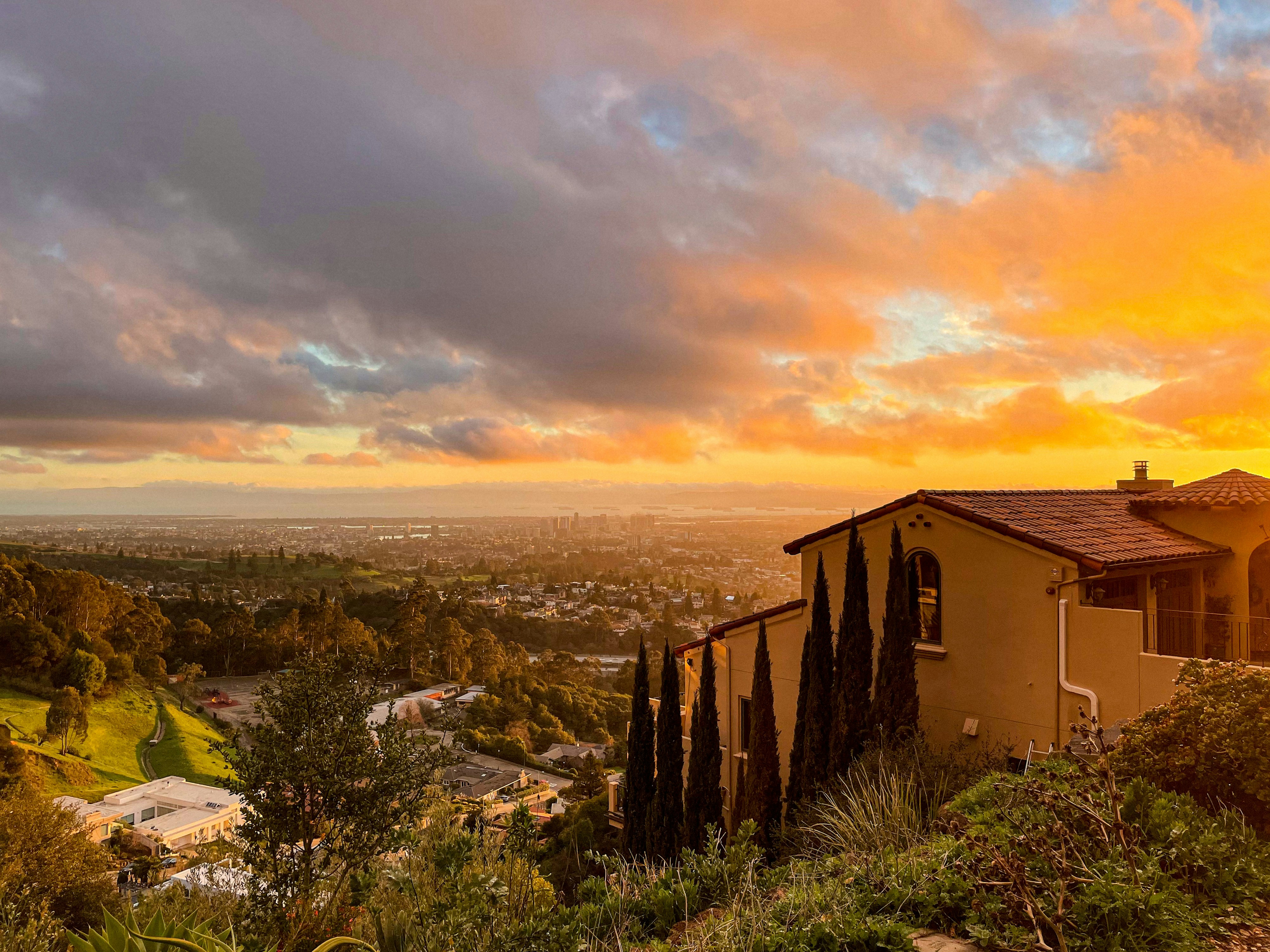 Luxury hillside home at sunset, Southern California